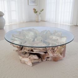Table basse ronde en racine de teck SOUCHE Ø120cm et plateau en verre