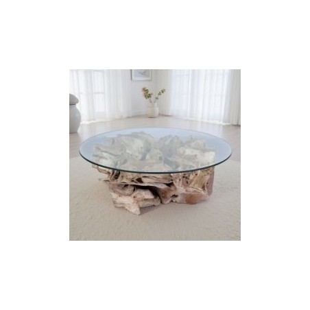 Table basse ronde en racine de teck SOUCHE Ø120cm et plateau en verre