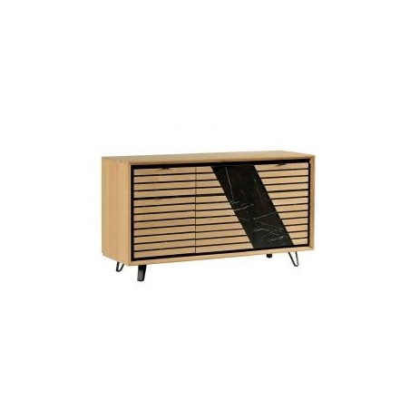 Buffet 3 portes chêne massif blanchi et décor marbre 152cm Casita STORIA