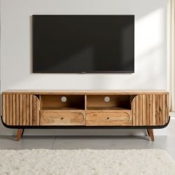 Grand meuble TV noir et bois acacia blanchi 200cm ROSA Kayu Interieur