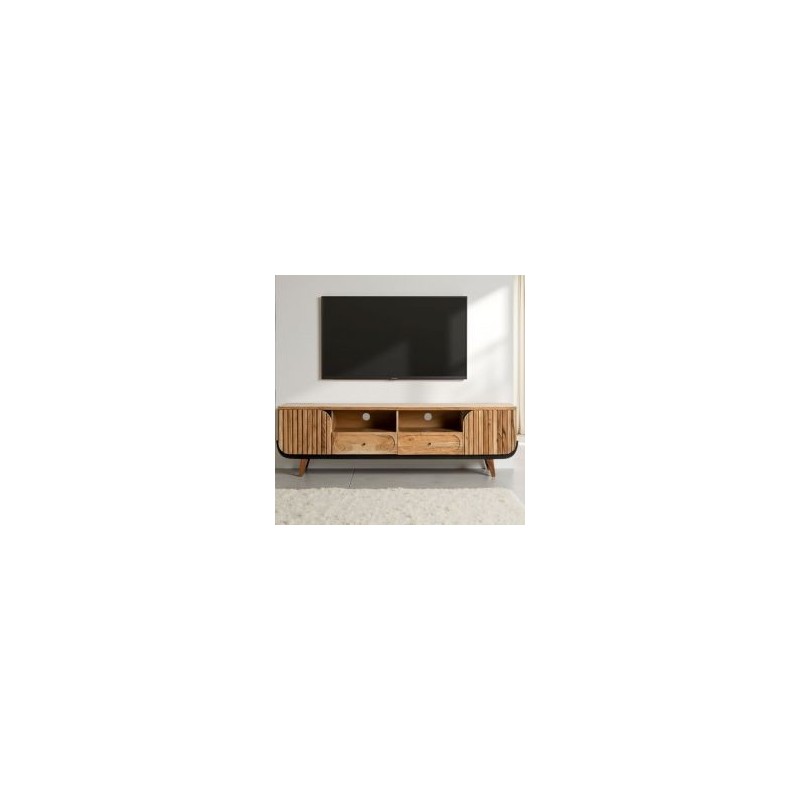 Grand meuble TV noir et bois acacia blanchi 200cm ROSA Kayu Interieur