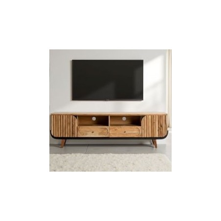 Grand meuble TV noir et bois acacia blanchi 200cm ROSA Kayu Interieur