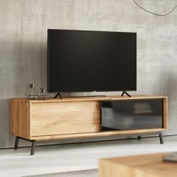 Meuble tv portes coulissantes en chêne massif, métal et verre ADAM