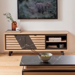 Meuble TV chêne massif blanchi et décor marbre 150cm Casita STORIA