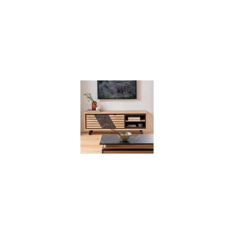 Meuble TV chêne massif blanchi et décor marbre 150cm Casita STORIA