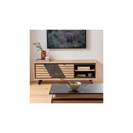 Meuble TV chêne massif blanchi et décor marbre 150cm Casita STORIA